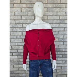 Eileen Fisher Red Off Shoulder Sweater Womens M Organic Cotton Button Front